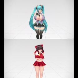 2girls 3d animated black_hair blue_hair dancing hatsune_miku huge_ass huge_breasts mmd music reimu_hakurei school_uniform shrine_maiden sound tagme touhou video vocaloid