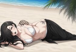 ai_generated akeha beach bikini bikini_top black_hair black_lipstick black_skirt bra breasts female female_only hair_over_one_eye large_breasts lipstick looking_at_viewer lying mature_female nier_(series) nier_reincarnation pale-skinned_female shoulder_tattoo tattoo tied_hair