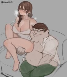 1boy absurdres braid breasts brown_eyes brown_hair camisole cleavage cleft_chin collared_shirt couch double_chin family_guy fat fat_man female glasses green_pants hanekawa_tsubasa highres kowai_(iamkowai) large_breasts monogatari_(series) nekomonogatari on_couch pants peter_griffin round_eyewear shirt sitting smile straight unbuttoned unbuttoned_shirt white_camisole white_shirt