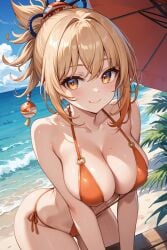 1girls ai_generated arm_tattoo bangs beach big_ass big_breasts blonde_hair cameltoe choker genshin_impact hair_ornament hoyoverse jasse looking_at_viewer outdoor outside sling_bikini slingshot_swimsuit thighs yoimiya_(genshin_impact)