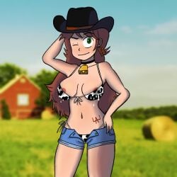 bell bikini boobs breasts brown_hair collar cow_bell cow_bikini cow_girl cow_print cowboy_hat ear_piercing ear_tag farm farmgirl green_eyes long_hair milk nipple_outline nipple_slip notimportant pose shgurr short_jeans tattoo tattoo_on_belly youtube youtuber