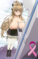 1girls amagi_brilliant_park blush boots breast_squeeze female female_only hair_ribbon hazel_eyes large_breasts light-skinned_female light_brown_hair long_hair mammogram sento_isuzu skirt solo solo_female stormfeder topless