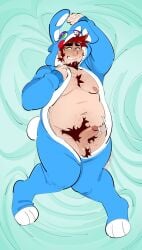 1boy absurd_res balls beard belly bunny_ears chest_hair chest_tuft chubby chubby_male cum dakimakura_design five_nights_at_freddy's gay hair hairy_balls hairy_thighs happy_trail kigurumi knees_together knees_together_feet_apart laying_on_back laying_on_bed male_pubic_hair nervous nervous_smile nervous_sweat nsfwshroom overweight overweight_male penis pubic_hair red_hair sleeves_past_wrists solo sweat thighs top_down top_down_view toy_bonnie_(fnaf)