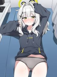 blue_archive blush blush_lines dripping green_eyes halo hare_(blue_archive) hoodie jacket millennium_science_school_student panties ponytail sweat tagme underwear veritas_(blue_archive) wet white_hair