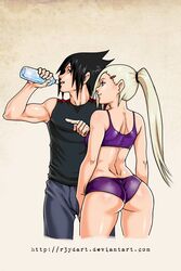 1boy 1boy1girl 1girls ass black_hair blonde_hair clothed green_eyes ino_yamanaka naruto r3ydart sasuke_uchiha