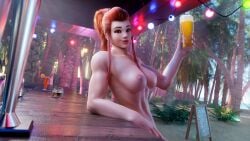 1girls 3d alcohol beer beer_glass blizzard_entertainment brigitte brigitte_lindholm female female_focus female_only hexencraft large_breasts looking_at_viewer naked naked_female nude overwatch overwatch_2