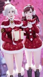 2girls 3d blender blonde_hair blowing_kiss blue_eyes boots christmas christmas_outfit d.va female female_only lewy mercy multiple_females multiple_girls overwatch present