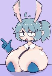 1girls 2024 ahoge areola_slip arturia_mcnickel_(pepsicum69) black_eyes black_necktie blue_gloves blue_leotard borrowed_character breasts cleavage collarbone dated detached_ahoge detached_collar double_ahoge fake_rabbit_ears female gloves huge_breasts index_finger_raised isei_(artist) leotard medium_hair necktie open_mouth original ponytail rabbit_ears solo strapless strapless_leotard