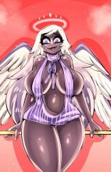 angel angel_wings big_breasts bitterbunz blushing emily_(hazbin_hotel) halo hazbin_hotel pussy smile virgin_killer_sweater