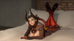 1girls 3d alternate_costume black_hair breasts devil_horns devil_mercy exposed_breasts female female_only looking_at_viewer mercy nipples on_bed on_stomach overwatch reelay solo