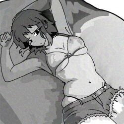 bed belly_button black-and-white bra chubby_female ilovechubbywomen npdd on_back pierced_ears ramona_flowers scott_pilgrim scott_pilgrim_takes_off short_hair shorts sketch sketchy slightly_chubby slightly_chubby_female thong transparent_background uncolored