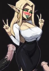 ai_generated bestiality big_breasts blonde_hair cleavage gesture green_makeup horsecock lips makeup pencil_skirt precum sanyasralker smile