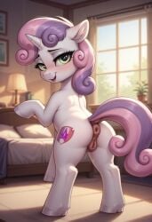 1girls ai_generated animal_genitalia animal_pussy anus child cub cutie_mark equid equine equine_genitalia equine_pussy female feral friendship_is_magic fur furry green_eyes hair hasbro loli looking_at_viewer looking_back my_little_pony pink_hair purple_hair pussy smile solo sweetie_belle_(mlp) two_tone_hair unicorn white_body white_fur young