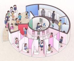 architecture bathroom concept_art isometric kiyo line multiple_boys multiple_girls peeing sex student tagme toilet toilet_use waiting waiting_for_turn waiting_in_line washing_hands wheelchair wimmelbild