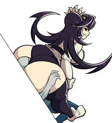 1boy 1girls ass ass_on_face big_ass big_breasts black_hair clothed face_in_ass facesitting filia_(skullgirls) gerard_burn looking_back red_eyes samson_(skullgirls) skullgirls