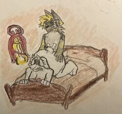 bedroom cum cuming duo ejaculation furry goat goat_girl grey_fur hybrid hyena knot milf nude on_bed purple_eyes sex toriel traditional_media_(artwork) undertale white_fur wolf yellow_hair zo_(zoyeensadart) zoyeensadart