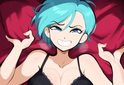 1girls 2024 2d 2d_(artwork) ai_generated blue_hair bulma_briefs close-up dragon_ball dragon_ball_super dragon_ball_z female grasping_sheets implied_sex large_breasts mature_female milf mullon novelai sex sheet_grab sweat sweatdrop