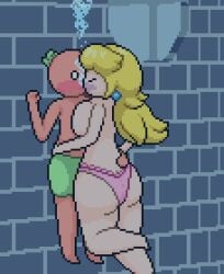 air_kiss asphyxiation big_ass big_breasts big_thighs blush breast_squish bubbles drowning kissing making_out mario_(series) okami_tomato pink_panties pixel_art princess_peach secret_aquarium_(mario_64) super_mario_bros. surprised tomato_(okami_tomato) topless underwater