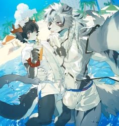 2024 anthro anthro_on_anthro beach biped black_hair bulge canid canine canis claws clothed clothing domestic_dog duo_focus eyebrows fingers floppy_ears fur grey_body grey_fur group hair hi_res horn kemono male male/male mammal milkybot one_eye_closed plant selfie tail tree