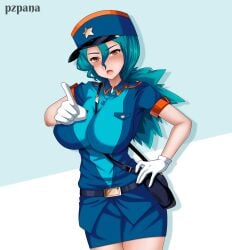 1girls alternate_breast_size big_breasts breastsbusty curvaceous_curvy curvy_body curvy_female curvy_figure female_gloves green_hair high_heels huge_breasts large_breasts officer_jenny_(pokemon) pokemon police police_hat police_uniform pzpana red_eyes sweat sweating sweaty sweaty_body sweaty_breasts thick_thighs thighs venus_body white_gloves