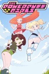 3girls artist_name black_hair blonde_female blonde_hair blossom_(powerpuff_girls) blue_eyes blush bow bubbles_(powerpuff_girls) buttercup_(powerpuff_girls) cartoon_network female female_focus female_only flying green_eyes hair highres jacket keitoonsart looking_at_viewer mostly_clothed mostly_clothed_female panties powerpuff_girls powerpuff_girls_z red_eyes smile trio upskirt