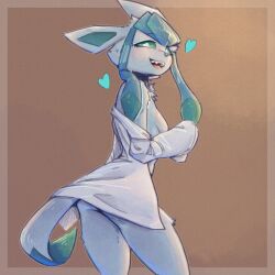 anthro ass blush bottomless breasts c3ilin clothed clothing eeveelution female generation_4_pokemon glaceon heart_symbol hi_res looking_back nintendo open_mouth pokemon pokemon_(species) small_breasts solo tail