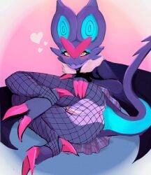 2024 4chan_anon anthro anthrofied anus ass black_clothing black_shirt black_topwear blue_inner_ear blush blush_lines bottomwear claws closed_smile clothing colored digital_media_(artwork) eyelashes fangs female fingerless_gloves fishnet_clothing fishnet_leggings fishnet_legwear fur generation_6_pokemon genitals gloves handwear heart_symbol hi_res leggings legwear looking_at_viewer lying mouth_closed multicolored_body neck_tuft nintendo noivern on_side pattern_bottomwear pattern_clothing pattern_skirt pink_background plaid plaid_bottomwear plaid_clothing plaid_skirt pokemon pokemon_(species) presenting presenting_anus presenting_hindquarters presenting_pussy purple_body purple_bottomwear purple_clothing purple_skirt pussy shirt simple_background skirt smile smiling_at_viewer solo tail teeth topwear tuft unknown_artist white_body white_fur wings yellow_eyes