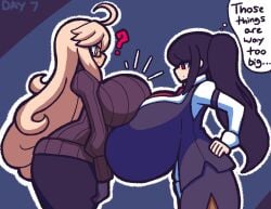 2girls alma_armas big_breasts blonde_hair breasts clothes clothing dark_hair dialogue female_only gensin huge_breasts julianne_stingray light-skinned_female red_eyes simple_background sweater tagme text thick_thighs va-11_hall-a voluptuous yellow_eyes