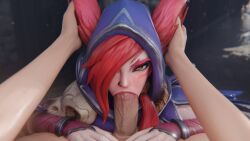 1boy 1girls 3d blowjob blowjob_face deepthroat haadxee league_of_legends male male_pov oral oral_sex penis pov riot_games straight xayah