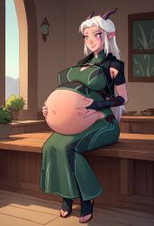 ai_generated elf elf_ears green_dress horns long_hair pregnant pregnant_female rayla_(the_dragon_prince) sandals silenteye simple_background smiling solo solo_female the_dragon_prince white_hair