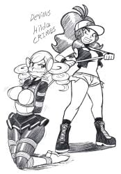 2girls ace_trainer_(pokemon) ball_gag big_breasts black_and_white bondage crotchless female female_only gag gagged hilda_(pokemon) monochrome panties pokemon_bw raya100 sketch text