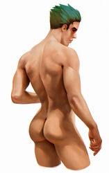 1boy asian ass back_muscles back_view genji green_hair human human_only male male_only naked nude nude_male overwatch overwatch_2 pose posing simple_background solo solo_focus solo_male white_background young_genji