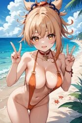 1girls ai_generated arm_tattoo bangs beach big_ass big_breasts blonde_hair choker genshin_impact hair_ornament hoyoverse jasse looking_at_viewer outdoor outside sling_bikini slingshot_swimsuit thighs yoimiya_(genshin_impact)