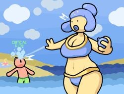 beach big_breasts big_thighs bikini medi_(okami_tomato) medicham okami_tomato pokemon pokemon_(species) shuckle tomato_(okami_tomato) water water_balloon