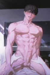 2boys abs absurdres anal artist_name black_hair brown_hair collarbone commentary completely_nude cowboy_shot cum erection hands_on_another's_hips highres ilay_riegrow indoors jeong_taeui large_pectorals male_focus multiple_boys navel nude open_mouth passion_(manhwa) pectorals pov sex short_hair teeth testicles toned toned_male twitter_username whiteislife_4 yaoi