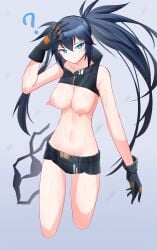 1girls ? areolae artist_request black_hair black_rock_shooter black_rock_shooter_(character) blue_eyes breasts female gloves long_hair partially_clothed pointy_chin shorts solo sweat twintails