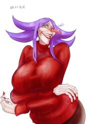 1girls aogiri11daikon big_breasts big_nose breasts charlotte_brulee clothed_female clothing crossed_arms female female_only huge_breasts looking_at_viewer looking_down_at_viewer older_female one_piece purple_hair sweater あおぎり大根