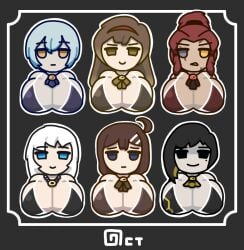 6girls ahoge angela_(library_of_ruina) angelica_(library_of_ruina) angry bikini binah black_eyes black_hair blue_eyes blue_hair brown_eyes brown_hair bust busty female_only gebura_(lobotomy_corporation) headband heterochromia hod_(lobotomy_corporation) huge_breasts library_of_ruina long_hair malkuth_(lobotomy_corporation) neckwear neutral_expression octotron2000 orange_eyes ponytail project_moon red_hair self_upload short_hair smug white_hair