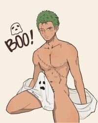 big_penis blush erection erection_under_clothes ghost green_hair halloween halloween_costume male male_only muscle muscles muscular muscular_male muscular_thighs nipples nude one_eye_closed one_piece pubes pubic_hair roronoa_zoro scar short_hair towel towel_only