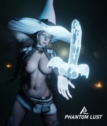 amused belly_button big_breasts breast_piercing cum dark_background dildo flying_dildo halloween magic night phantomlust piercing pumpkin skirt the_first_descendant viessa_(the_first_descendant) white_clothing witch witch_hat