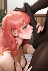 ai_generated anya_forger blowjob cock_worship cum_on_breasts dark-skinned_male holding_penis interracial kissing_penis kneeling_oral_position light-skinned_female pink_hair spy_x_family stable_diffusion