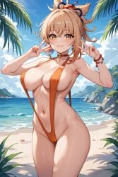 1girls ai_generated arm_tattoo bangs beach big_ass big_breasts blonde_hair cameltoe choker genshin_impact hair_ornament hoyoverse jasse looking_at_viewer outdoor outside sling_bikini slingshot_swimsuit thighs yoimiya_(genshin_impact)