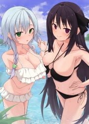 >:) 2girls :o absurdres ao_no_kanata_no_four_rhythm aqua_hair arm_under_breasts bare_shoulders bikini black_bikini black_ribbon blush braid breast_press breasts cat_hair_ornament cleavage closed_mouth collarbone commentary_request commission cowboy_shot criss-cross_halter curvy day frilled_bikini frills green_eyes hair_between_eyes hair_ornament hair_ribbon halterneck hand_on_own_hip hand_up highres holding_hands inui_saki large_breasts long_hair multiple_girls navel o-ring o-ring_bikini off-shoulder_bikini off_shoulder open_mouth outdoors purple_eyes ribbon side-tie_bikini_bottom sidelocks skeb_commission smile smug straight_hair swimsuit symmetrical_docking takoyaki032002 tobisawa_misaki twin_braids v-shaped_eyebrows very_long_hair water wet white_bikini