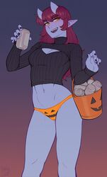 abs aoi_(ittla) beer black_nails blush breasts drunk halloween holding_object horn ittla long_hair nail_polish navel open-chest_sweater orange_eyes panties pointy_ears purple_skin red_eyes sharp_teeth smile sweater turtleneck