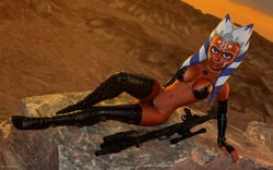 1girls 3d ahsoka_tano alien alien_girl artist_name bare_shoulders big_breasts black_gloves blaster blue_eyes boots busty clone_wars curvy dc-15a_blaster_rifle elbow_gloves eyelashes female female_only fingerless_gloves front_view gloves gun high_heel_boots high_heels hourglass_figure humanoid jedi jedi_padawan kondaspeter looking_at_viewer mammal marking metal_bikini midriff necklace orange_skin outdoor outside pose posing shadow shiny shiny_skin sitting solo star_wars the_clone_wars:_season_four thong togruta voluptuous weapon wide_hips