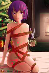 blue_eyes breasts christmas christmas_tree closed_mouth covered_nipples female female_only fireplace gift gift_wrapped kneeling monogatari_(series) naked_ribbon nude nude_female on_bed present purple_hair red_ribbon scissors senjougahara_hitagi short_hair small_breasts solo solo_female solo_focus wrapped