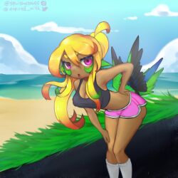 beach blonde_hair dark_skin feathers green_hair long_hair multicolored_hair original original_character pink_eyes pissgata self_upload shorts socks three-tone_hair