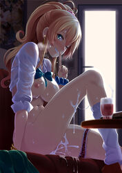 absurdres after_sex arm_support blonde_hair blush bow bowtie bracelet breasts breath butter-t cum cum_in_pussy cum_on_body cum_on_lower_body cum_string curly_hair dress_shirt drink female finger_to_mouth green_eyes grin gyaru hajimete_no_gal heart highres index_finger_raised indoors jewelry kogal lace lace-trimmed_panties large_breasts leg_up long_hair loose_socks nail_polish navel nipples nose_blush one_eye_closed paid_reward panties panties_around_one_leg patreon_reward pink_nails ponytail scrunchie see-through shirt shirt_lift shushing sitting sleeves_rolled_up smile socks solo spoken_heart sweat underwear wet wet_clothes wet_shirt wrist_scrunchie yame_yukana