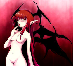 demon_wings eyebrows_visible_through_hair female head_wings headwings koakuma medium_breasts navel pointy_ears red_background red_hair saliva saliva_trail shaved_pussy shijimijiru solo succubus tongue_out touhou very_long_hair wings wink