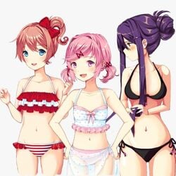 3girls accurate_art_style bikini bikini_bottom bikini_top black_bikini black_bikini_bottom black_bikini_top black_swimsuit blue_eyes doki_doki_literature_club fang female female_only multiple_girls natsuki_(doki_doki_literature_club) pink_eyes pink_hair purple_eyes purple_hair red_hair sayori_(doki_doki_literature_club) sprite sprite_edit swimsuit yuri_(doki_doki_literature_club)